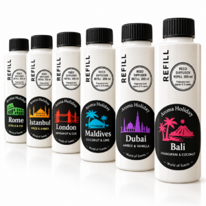 AromaHoliday 200ml reed diffuser refills in travel-inspired destination fragrances, handmade in Yorkshire.