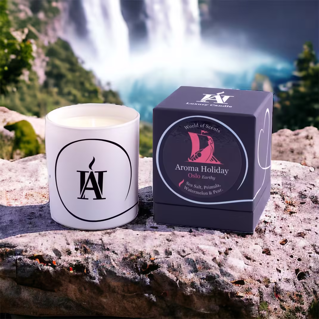 Travel-inspired scented candles AromaHoliday World of Scents Oslo Norway scented glass soy candle by AromaHoliday