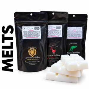 AromaHoliday soy wax melts three-pack with 18 cubes, displayed with Kenyan Safari, Singapore and kangaroo-design scent pouches on a white background.