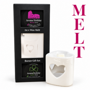 AromaHoliday wax melt warmer gift set with white ceramic heart burner and Rome Citrus and Dublin Floral wax melts.