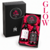 AromaHoliday Glow Yorkshire gift set with Rhubarb, Black Plum and Pear wash, lotion and matching travel tin candle.