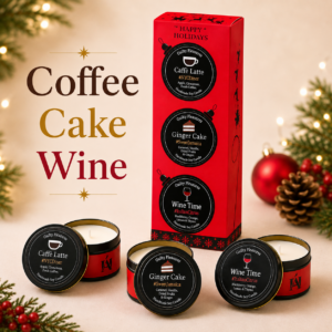 AromaHoliday Happy Holidays Christmas 3 candle gift set with Coffee, Cake and Wine soy candles