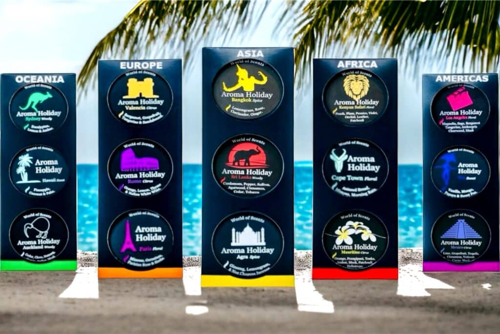 Luxury home fragrance gifts, Scented soy candle tins based on holiday destinations around the world, travel 3 tin gift sets made by AromaHoliday U.K.