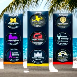 AromaHoliday World of Scents travel-inspired candle collection featuring Oceania, Europe, Asia, Africa and Americas destination candles. Handmade luxury soy candles inspired by Sydney, Hawaii, Auckland, Rome, Paris, Sri Lanka, Cape Town, Mauritius, New York and more, displayed in continent-themed gift sets.