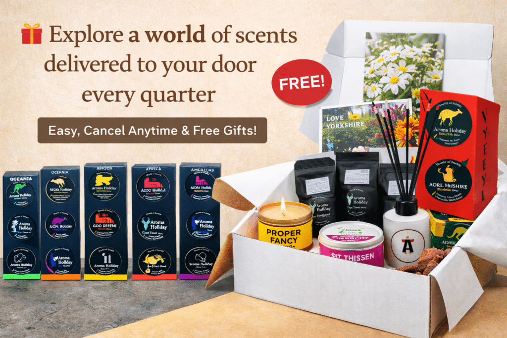 AromaHoliday subscription box, 15 world scented candles and free gifts too, easy door to door service