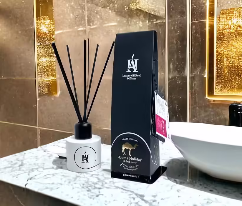 AromaHoliday Dubai luxury reed diffuser inspired by oud, amber, fig and pomegranate.