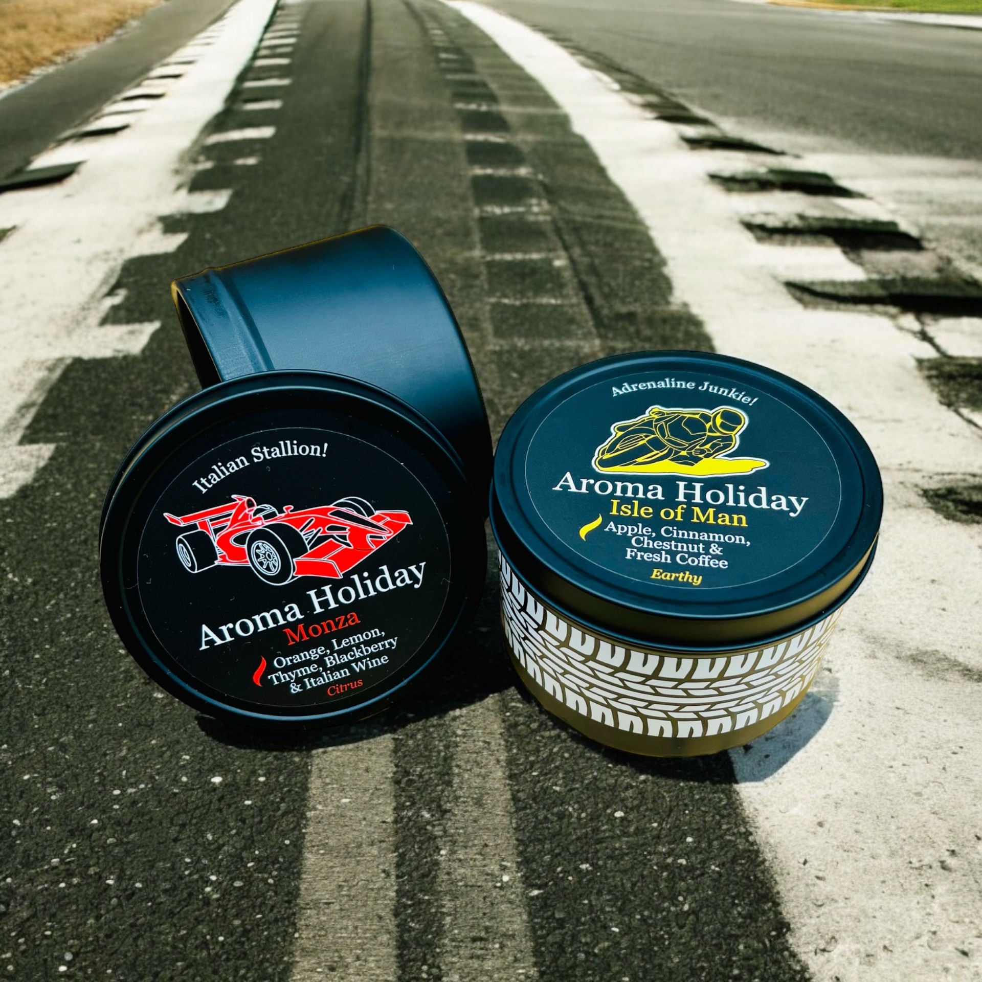 AromaHoliday Candles Uk Motorsport Candle Tins IOM Superbike TT & Monza F1