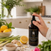 AromaHoliday Energise Fresh Lemongrass & Ginger room spray in a luxury kitchen setting with lemongrass, ginger, lemon and fresh botanicals.