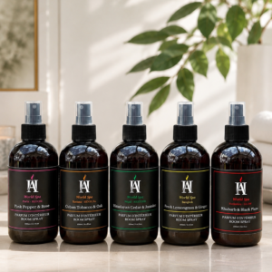 AromaHoliday World Spa luxury room and linen spray collection featuring Energise, Bloom, Restore, Sensual and Glow fragrances in recyclable amber bottles.