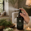 AromaHoliday Restore Himalayan Cedar & Jasmine room spray in a calming spa-inspired interior with cedar greenery and jasmine flowers.