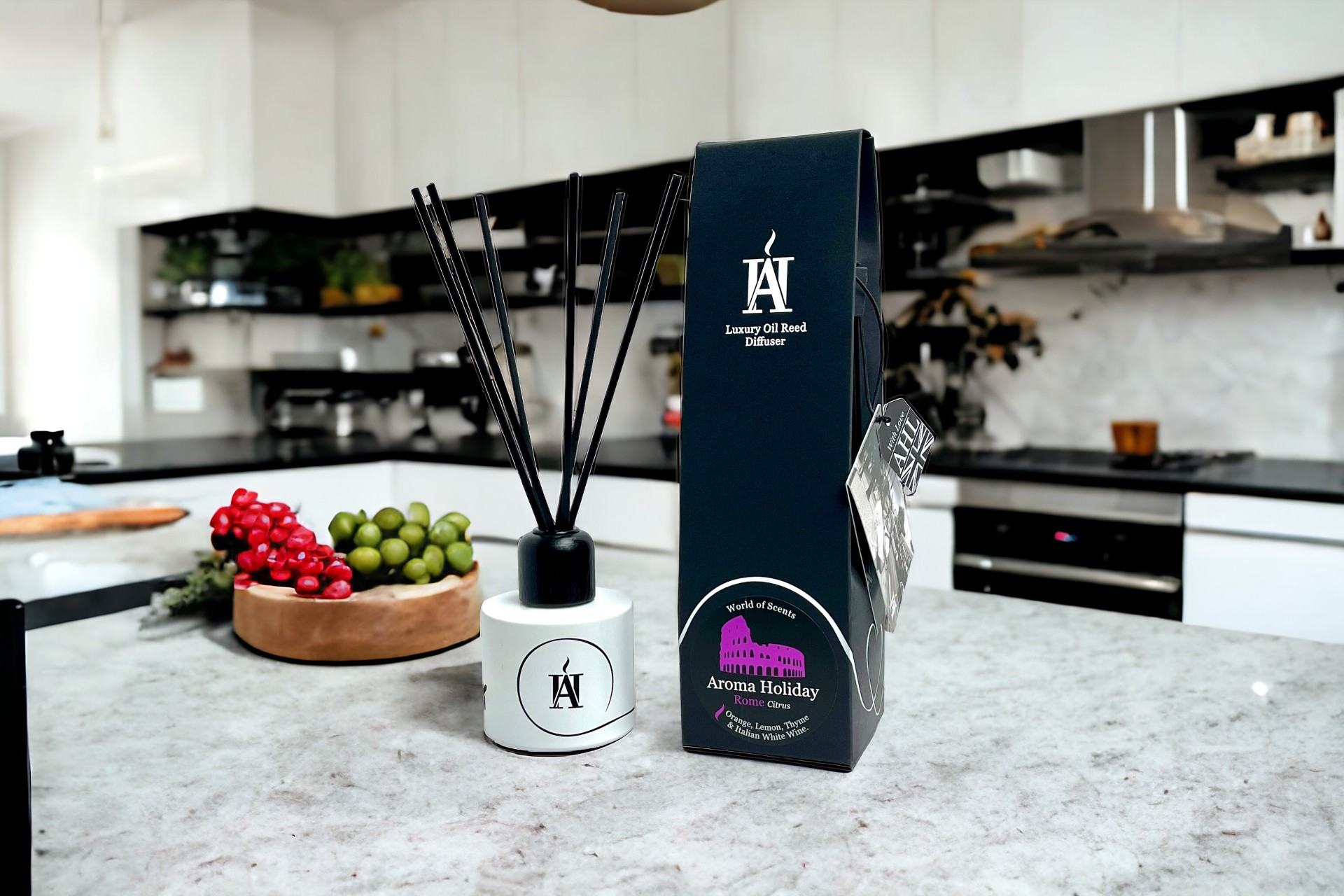 AromaHoliday Rome luxury reed diffuser inspired by Italian citrus and destination-inspired home fragrance.