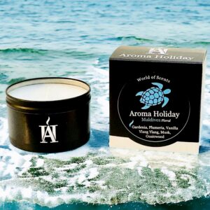 Single soy candle tins themed on beautiful world travel destinations by AromaHoliday U.K.