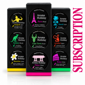 AromaHoliday travel candle subscription boxes with three destination scented candles