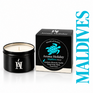 AromaHoliday Maldives travel candle tin and gift box with tropical blue turtle design