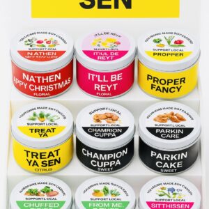 Yorkshire Soy Candles handmade by Aromaholiday UK, all with colourful themed local sayings available for wholesale