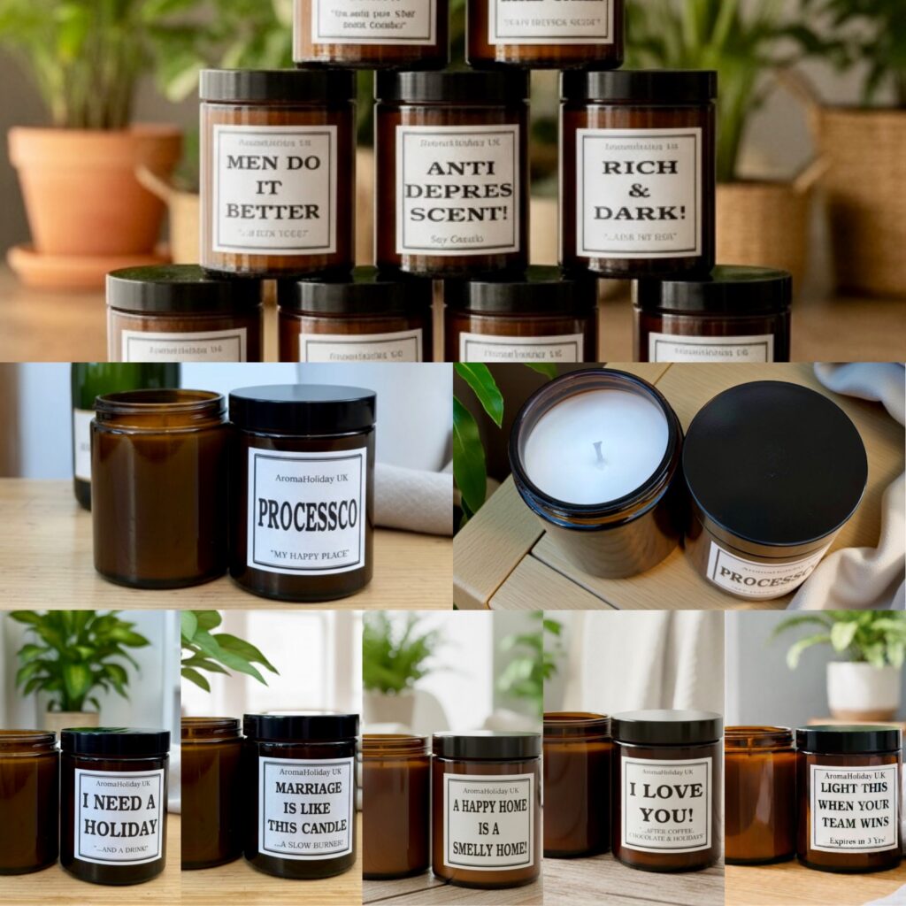 Funny personalised candles by AromaHoliday, scented humour made in U.K. ideal gifts.