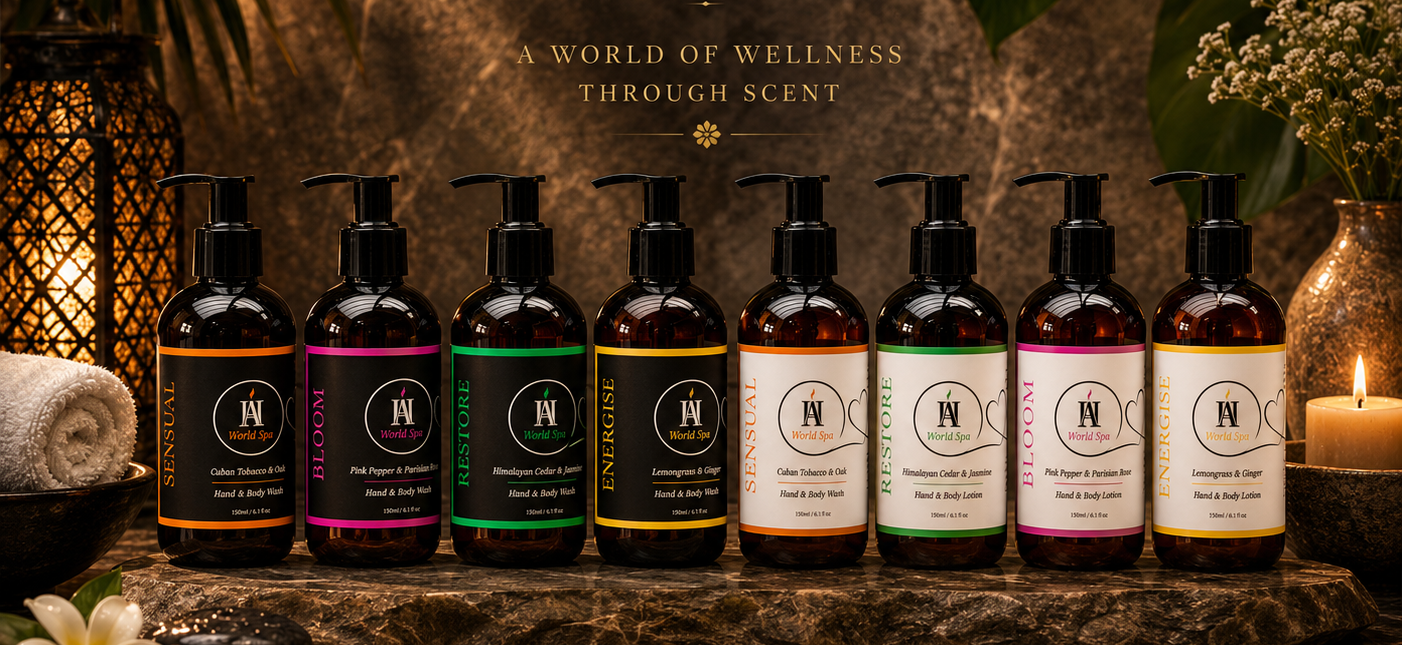AromaHoliday World Spa hand and body wash and lotion collection featuring four luxury spa-inspired fragrances from around the world.