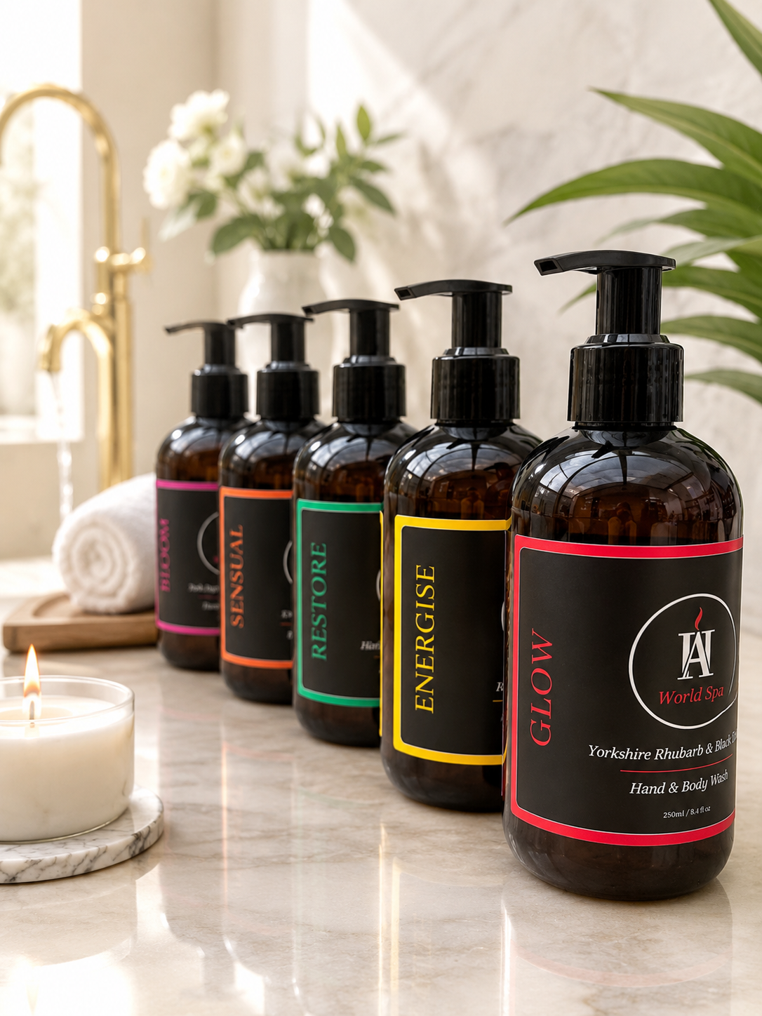 Luxury hand and body wash collection UK by AromaHoliday World Spa in recyclable amber bottles inspired by global spa destinations.