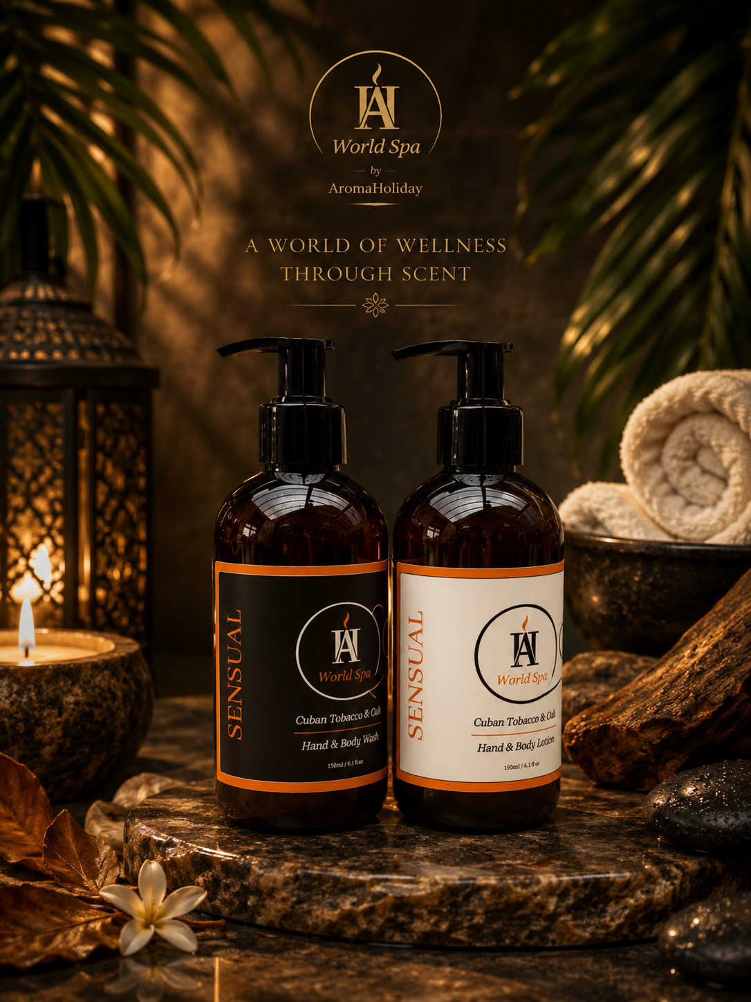 AromaHoliday Sensual hand and body wash and lotion set with Cuban Tobacco and Oak fragrance inspired by Havana.