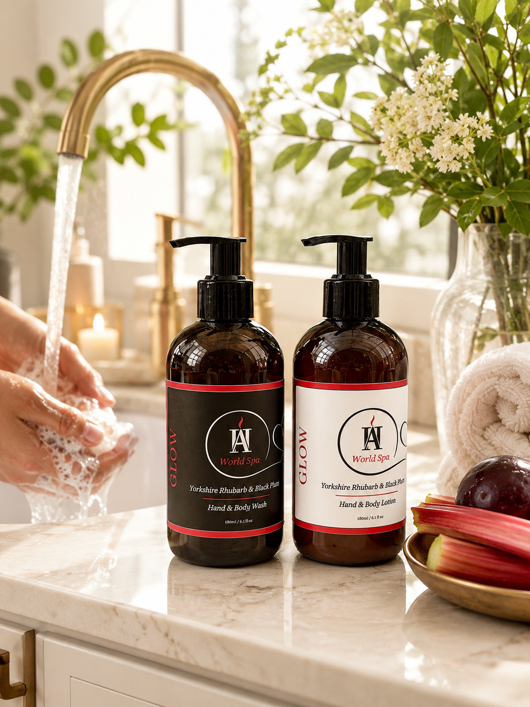 Yorkshire Glow hand and body wash and lotion set by AromaHoliday World Spa with Yorkshire rhubarb fragrance in a luxury spa bathroom setting.