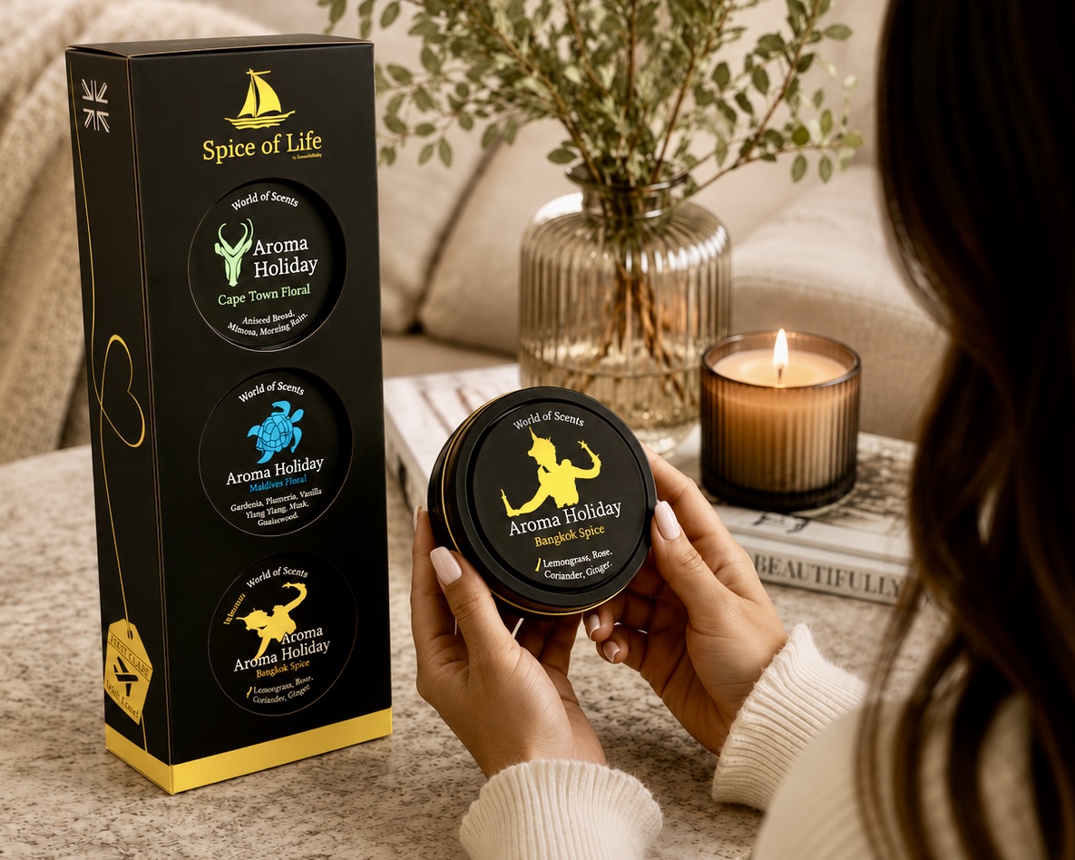 Woman holding an AromaHoliday Bangkok Spice travel-inspired candle beside the Spice of Life luxury candle gift set in a stylish modern home.