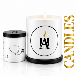AromaHoliday luxury candles in white, gold and black premium candle glassware, two sizes.