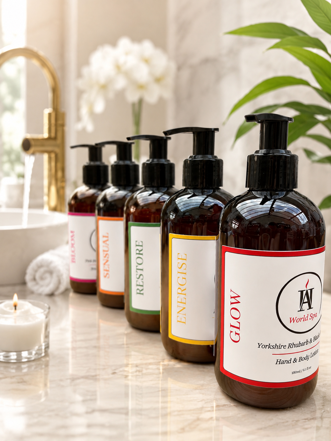AromaHoliday World Spa luxury hand and body lotion collection displayed in a premium spa bathroom setting featuring Glow, Energise, Restore, Sensual and Bloom fragrances in recyclable amber bottles beside a gold tap and candle.