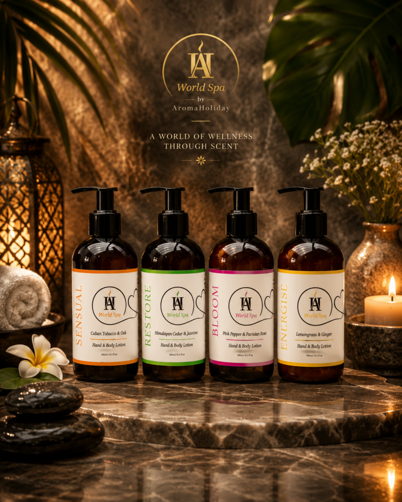 AromaHoliday World Spa hand and body Lotions collection with Energise, Bloom, Restore and Sensual spa-inspired fragrances.