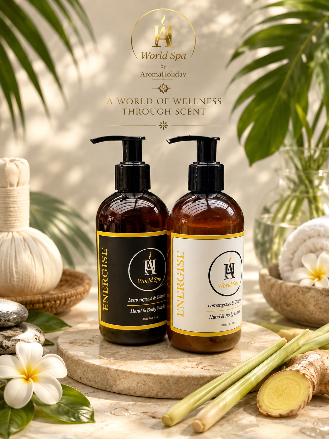 AromaHoliday World Spa Energise hand and body wash and lotion set with refreshing lemongrass and ginger fragrance, inspired by luxury Thai spa rituals and wellness experiences.