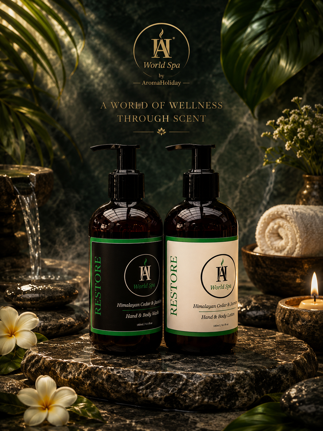 AromaHoliday Restore hand and body wash and lotion set with Himalayan cedarwood and jasmine fragrance inspired by luxury spa wellness.