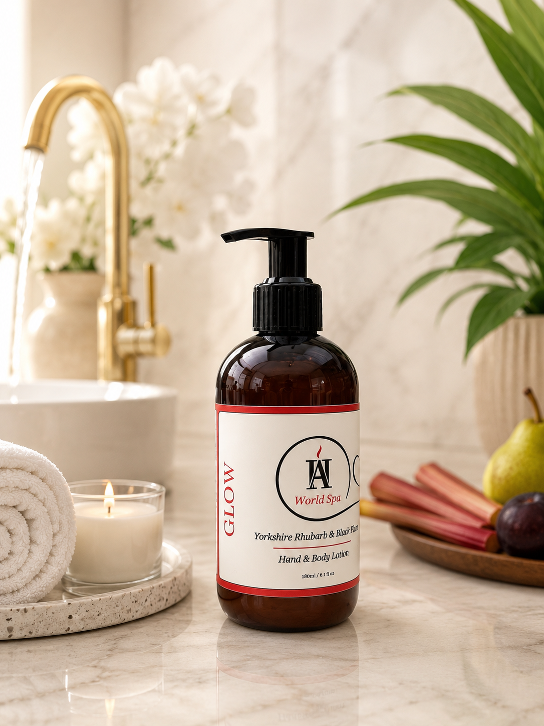 AromaHoliday World Spa Glow luxury body lotion in recyclable amber bottle with Yorkshire rhubarb and black plum fragrance in a modern bathroom.