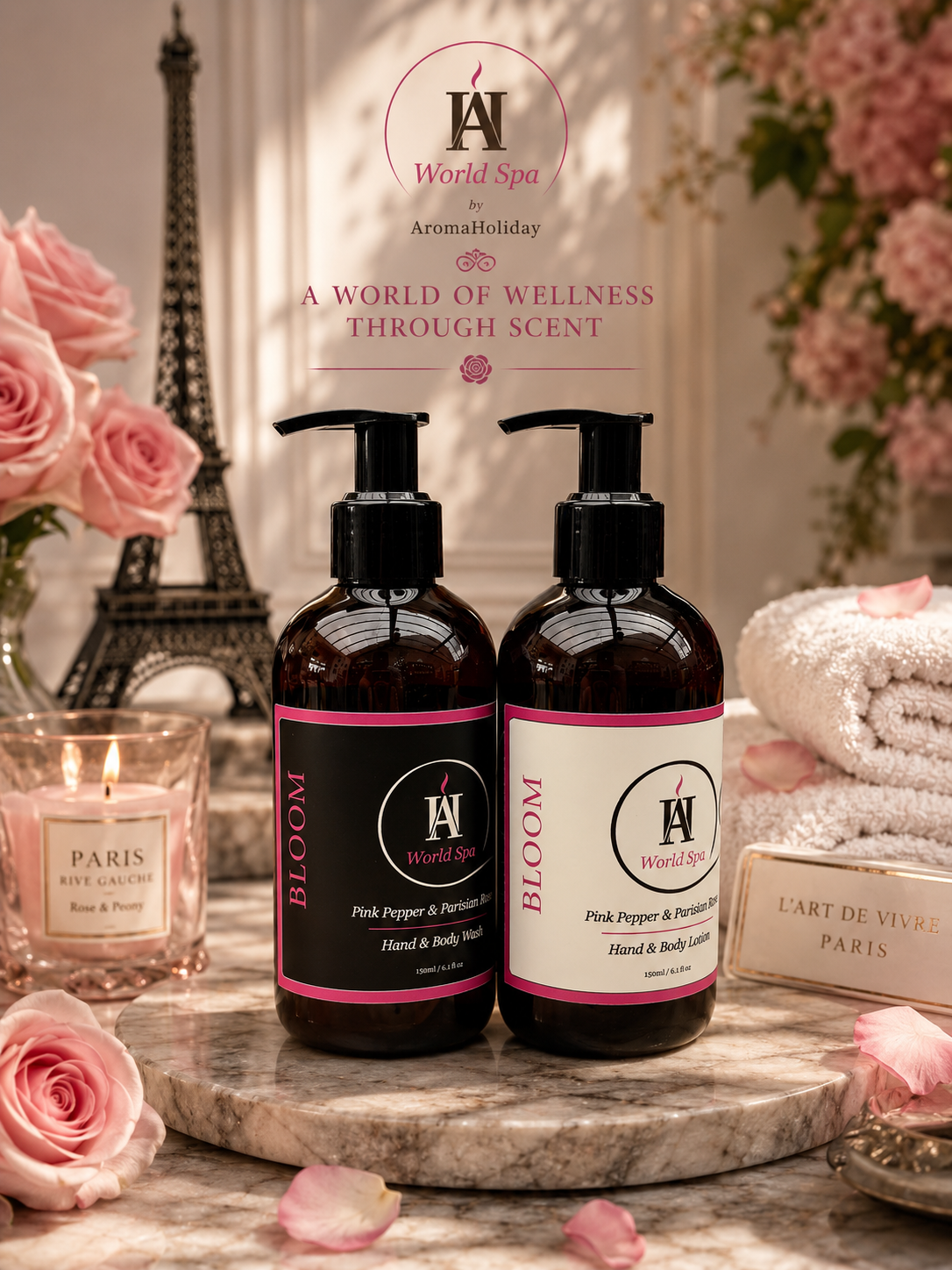 AromaHoliday World Spa Bloom hand and body wash and lotion gift set featuring Pink Pepper and Parisian Rose fragrance, inspired by the elegance of Paris and luxury spa experiences.