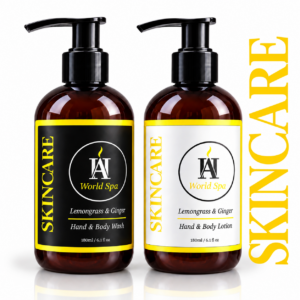 AromaHoliday World Spa Energise hand and body wash and lotion with Lemongrass & Ginger fragrance, skincare vegan range