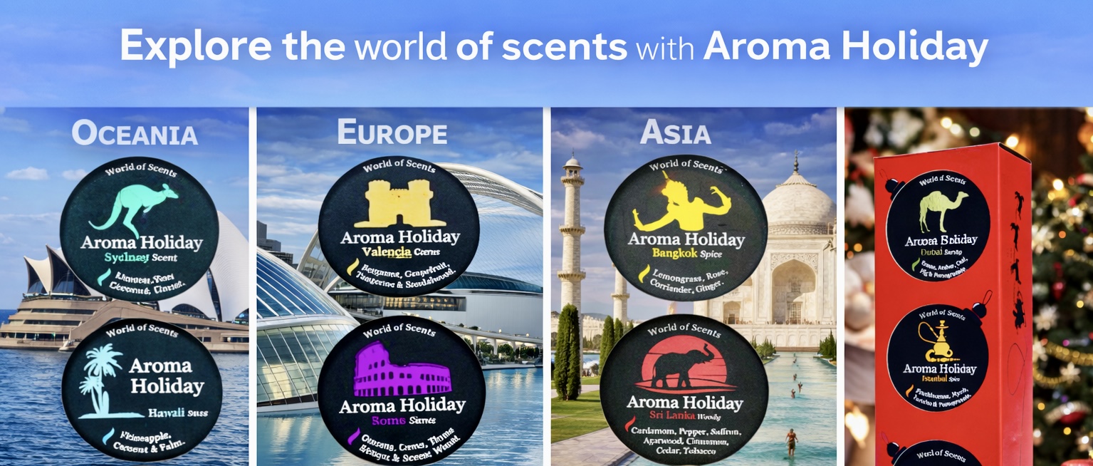 Travel soy tin gift sets designer AromaHoliday UK, 3 beautiful and unique scented world destinations and many to choose from for a gift or for home fragrance.