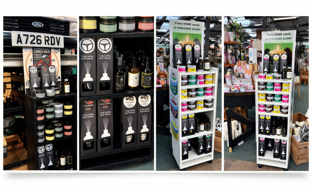 Wholesale AromaHoliday home fragrance gift stands in retail shops. Themed Candles, Reed Diffusers, Room Spray, Hand and body wash and lotion. Made in Yorkshire uk Small square footage Stands