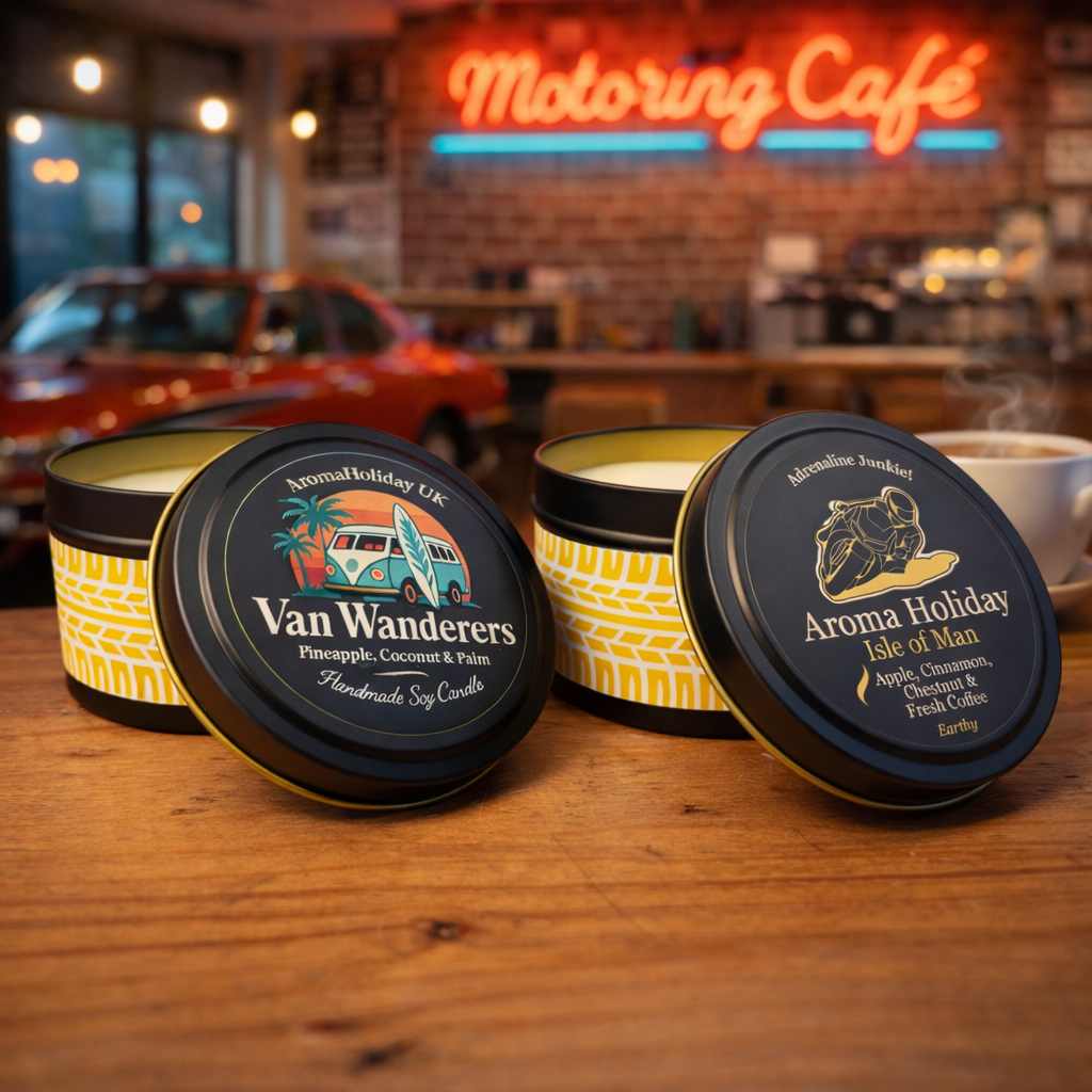 TT Motorbike and VW Camper-van soy candle Motorsport gifts with Yellow and white tire tread design