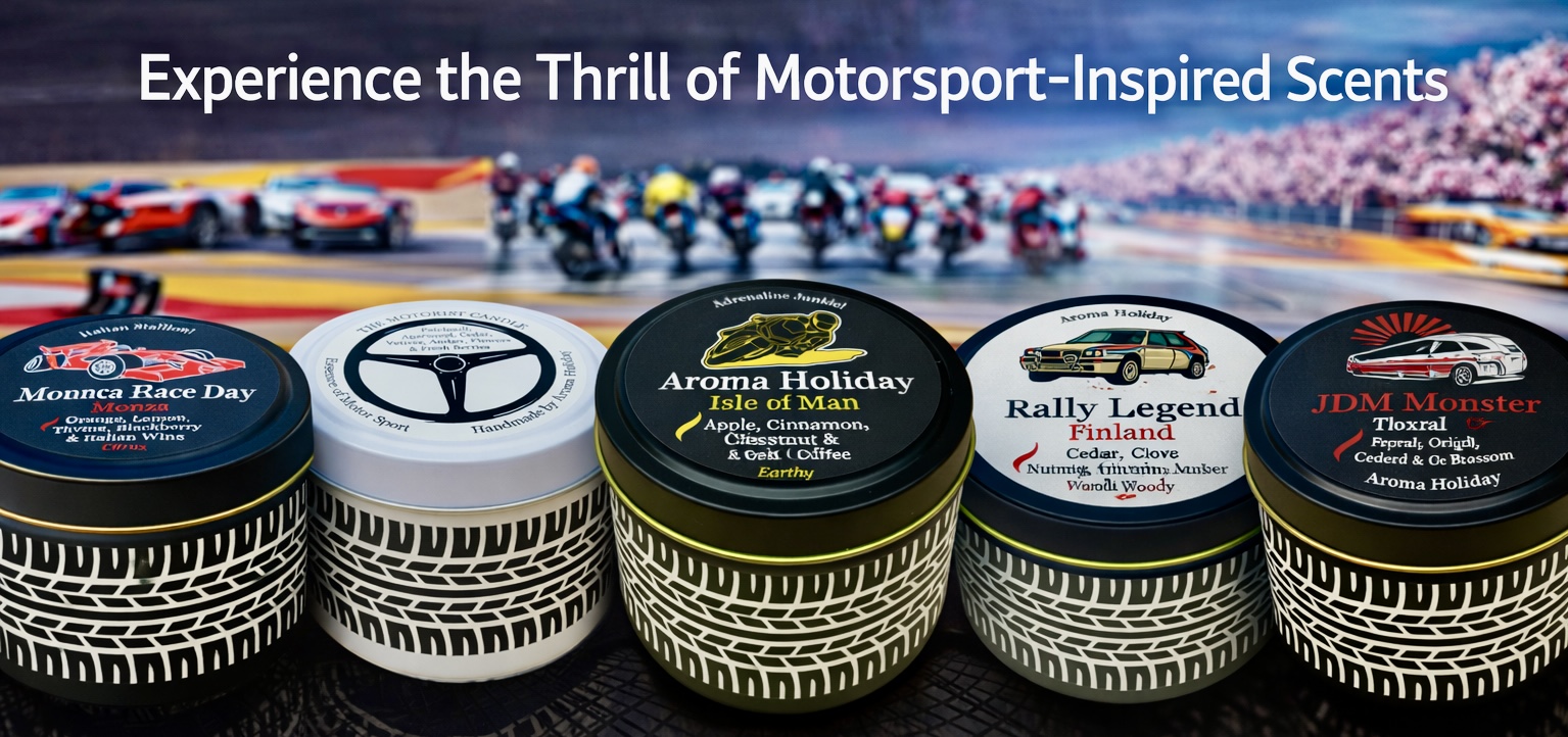 Motorsport candle scented gifts made by AromaHoliday UK, very unique themed presents in tins that have tire tread patterns ideal for petrol heads