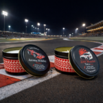 F1 Racing and JDM Monster soy candle Motorsport gifts with Red and white tire tread design