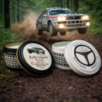Rally and bespoke branded The Motorist soy candle Motorsport gifts with white and black tire tread design