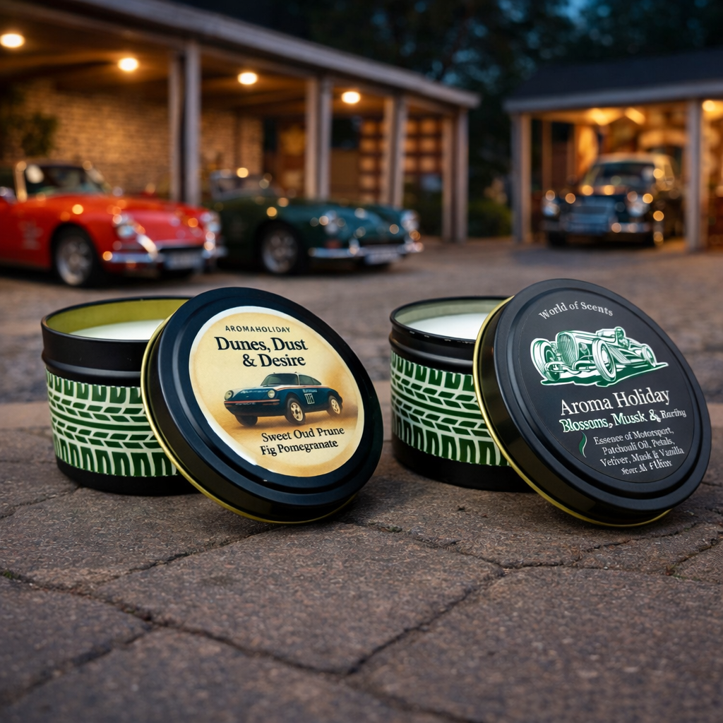 Monaco Classic Car racing and the Dakar Rally Desert Classic soy candle Motorsport gifts with British Racing Green and white tire tread design