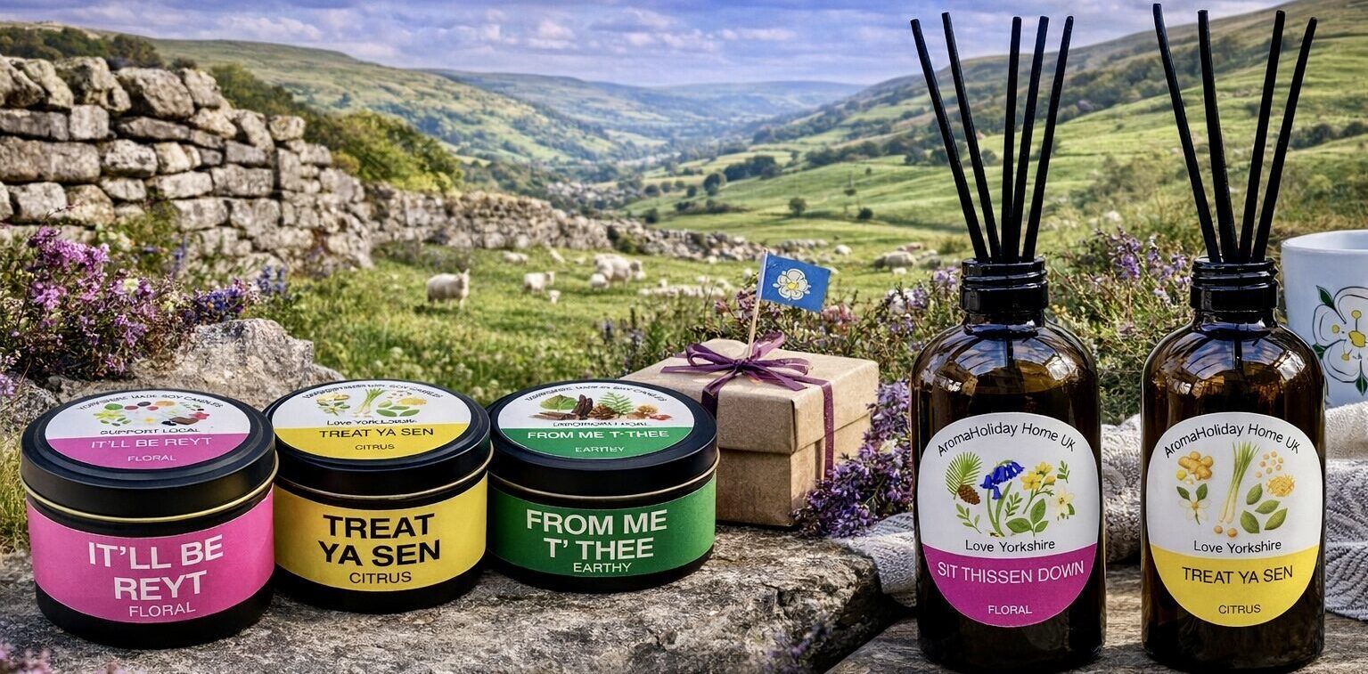 Yorkshire scented home fragrance candle and Reed diffuser gifts made by AromaHoliday U.K. British handmade