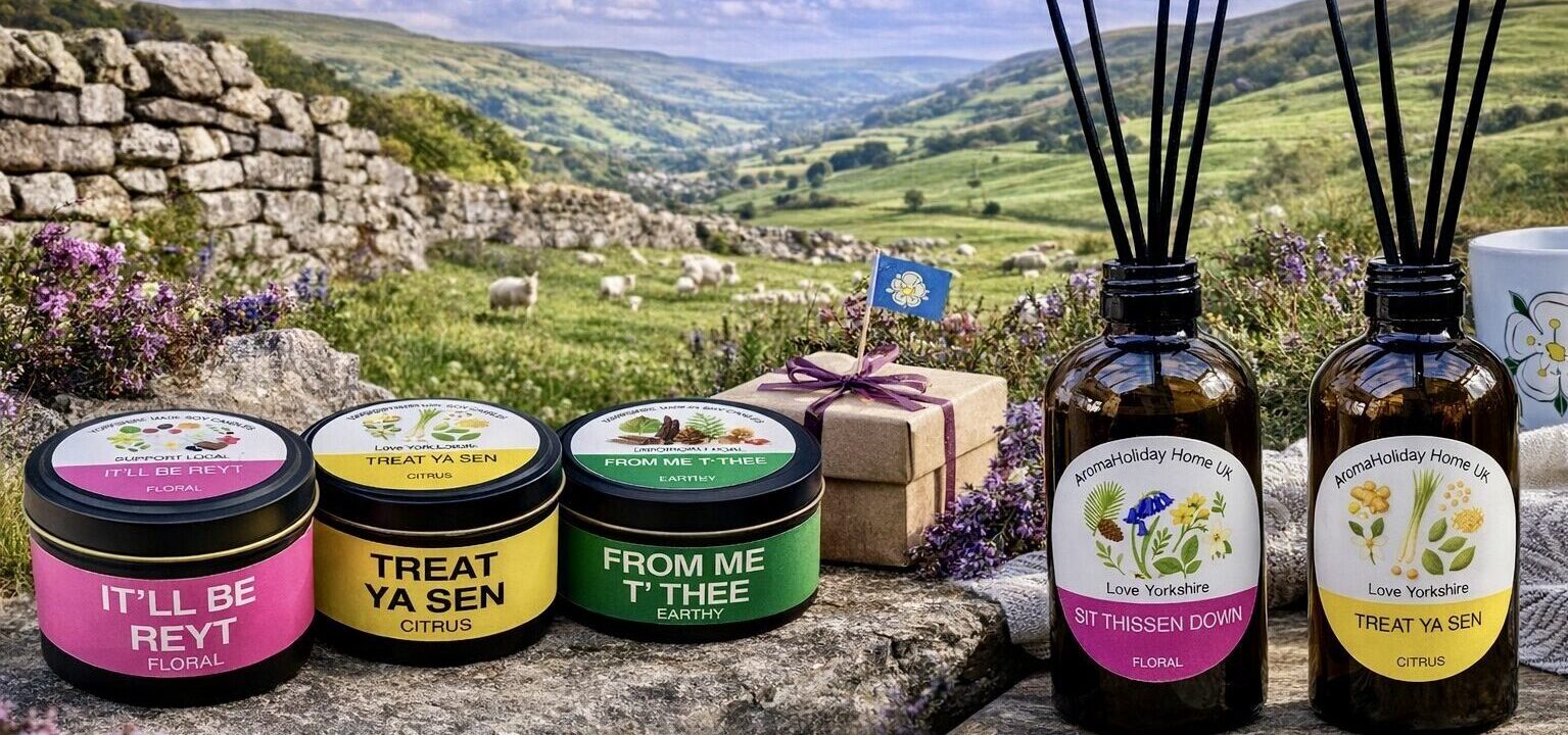 Yorkshire scented home fragrance candle and Reed diffuser gifts made by AromaHoliday U.K.