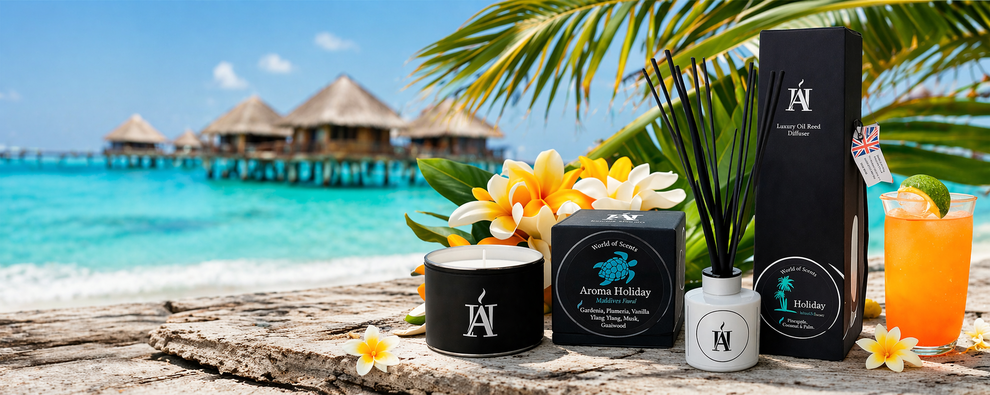 Maldives themed luxury home fragrance gifts by AromaHoliday UK, soy candles, Reed diffusers, skin care, room sprays
