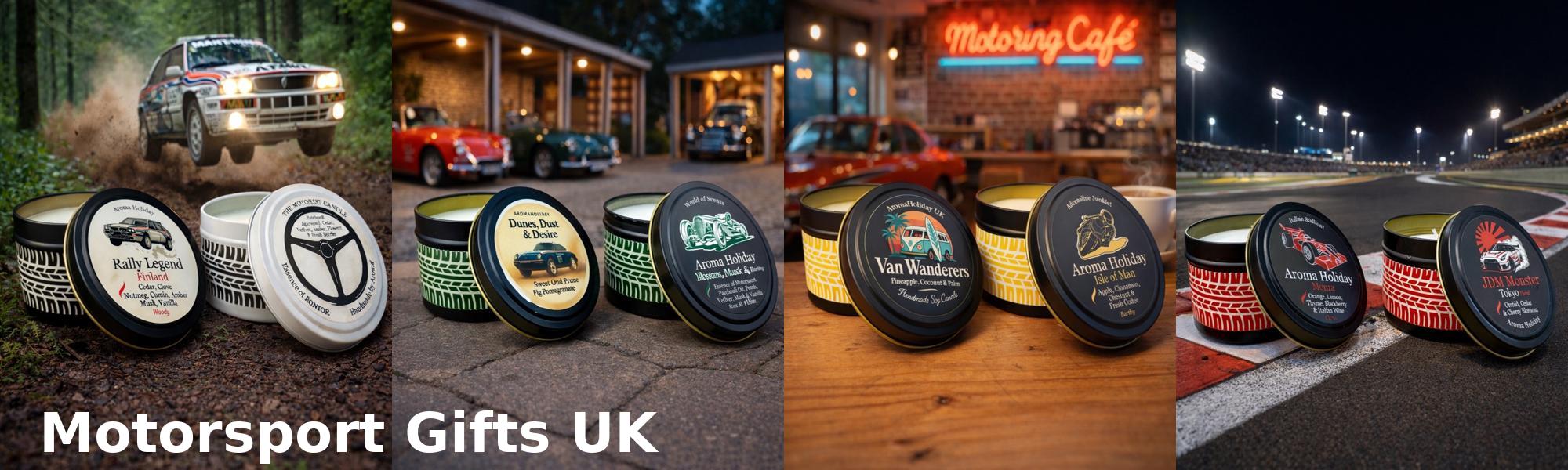 Motorsport themes soy candles by AromaHoliday UK, gifts for the petrol head enthusiasts