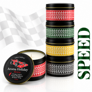 AromaHoliday motorsport candle collection with racing inspired scented candle tins