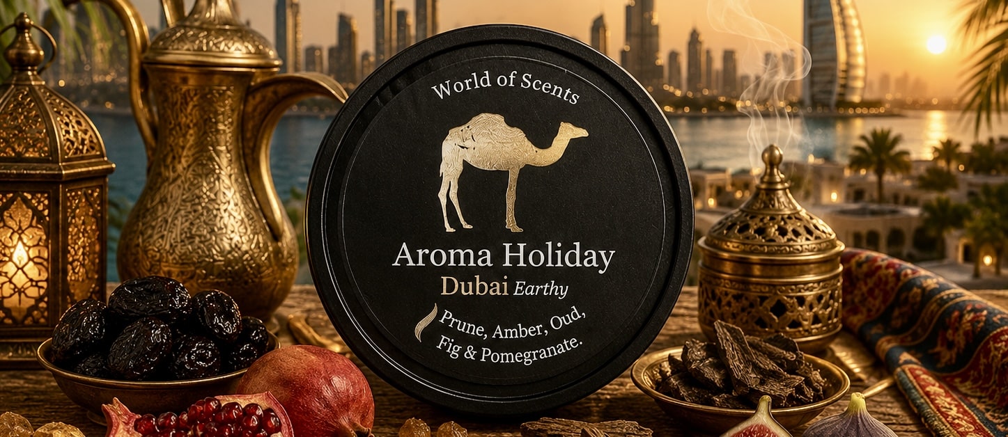 Dubai UAE luxury travel home fragrance gifts, soy candles, Reed diffusers, wax melts, travel themed made by AromaHoliday UK