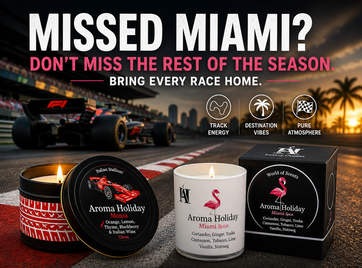F1 motorsport home fragrance candles by AromaHoliday uk, red tire tin themed and luxury glass gifts, this is themed Miami Grand-prix