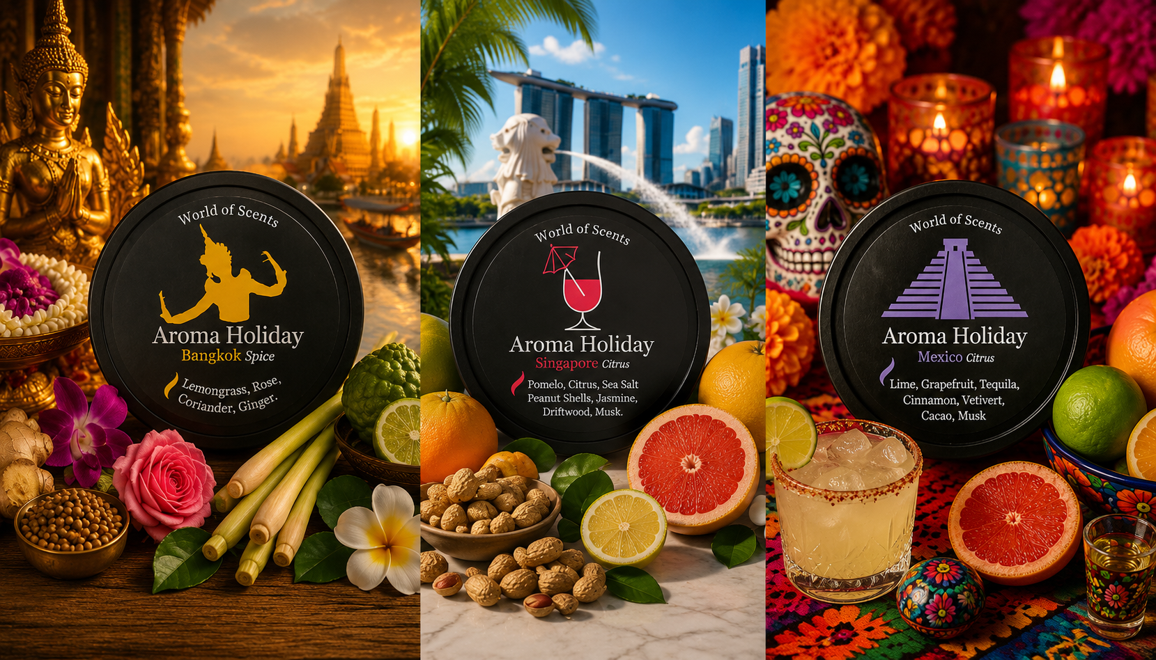 Energetic fragrances from around the world, Singapore, Mexico and Bangkok fresh citrus handmade by AromaHoliday Yorkshire UK, Soy Candles, Reed Diffusers, Wax Melts, Skin Care Wash and lotion gifts