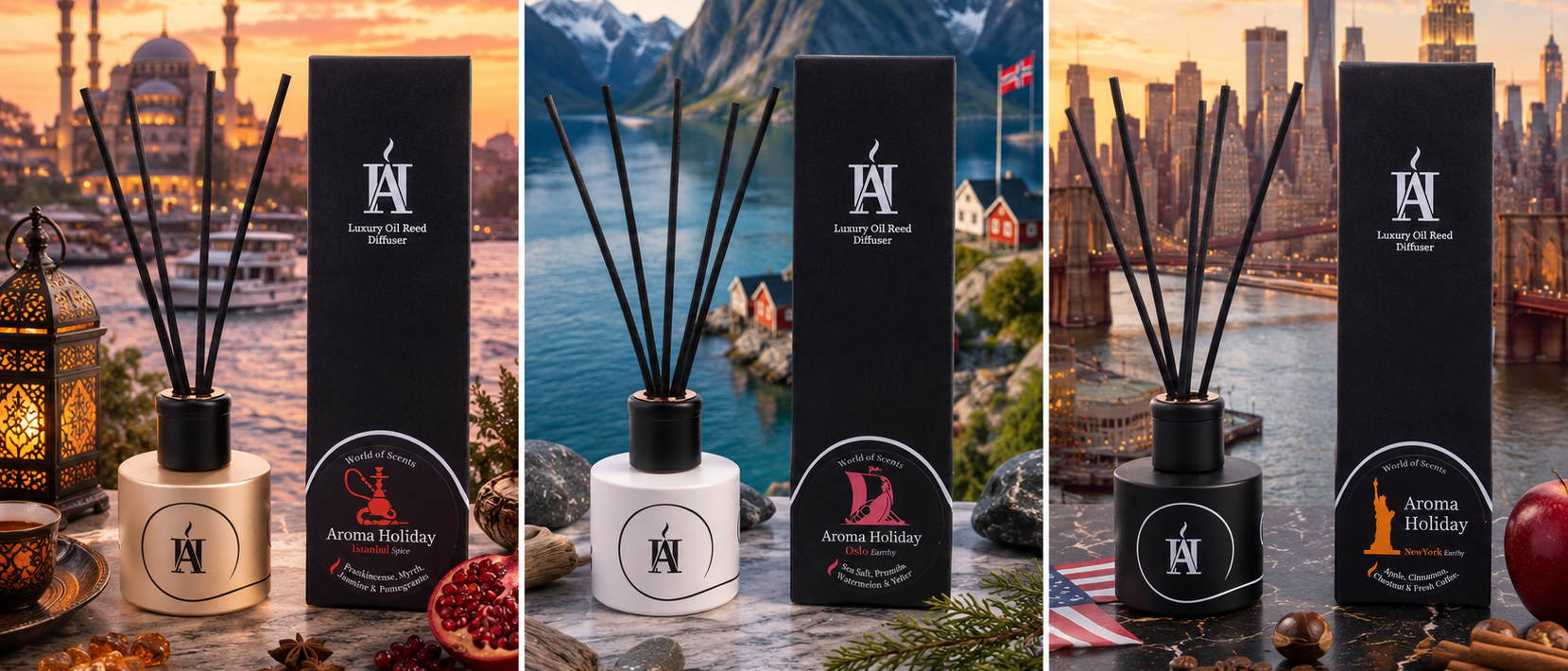 Luxury oil Reed diffusers made in the U.K. by AromaHoliday Yorkshire, each aroma is based on world destinations
