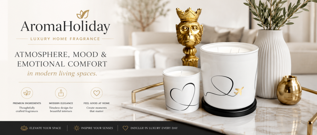 Luxury home fragrance interior design by AromaHoliday U.K. Single wick and Triple wick soy candles pictured in a beautifully styled home living space